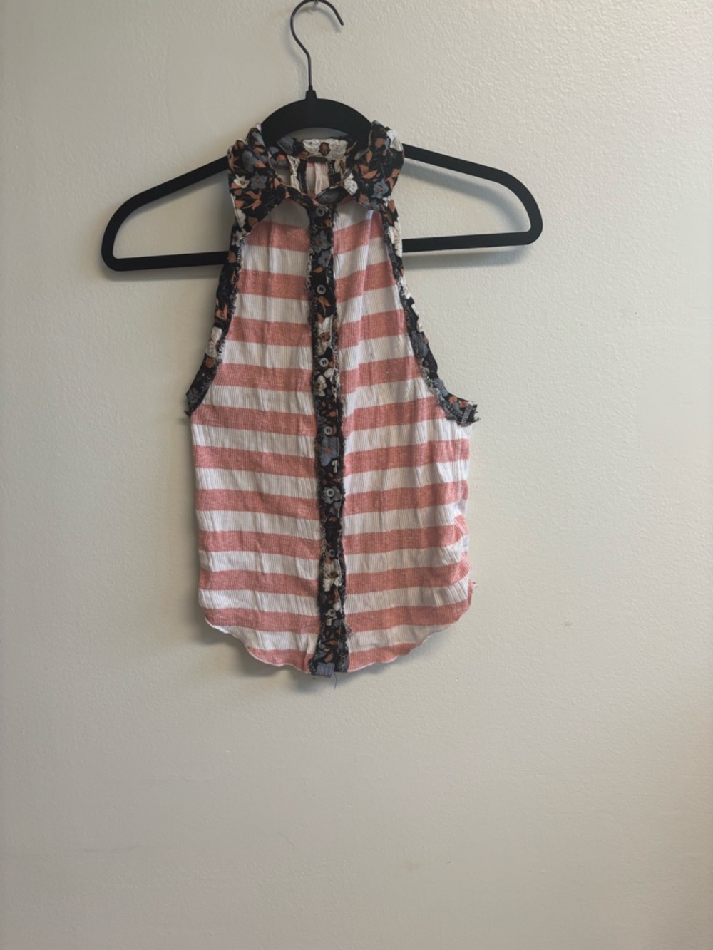 Free People Striped Halter Camisole in Pink and White with Floral Trim